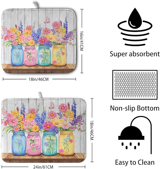 Daisy Dish Drying Mat for Kitchen Counter Spring Summer Flowers Vases Dishes - Image 2