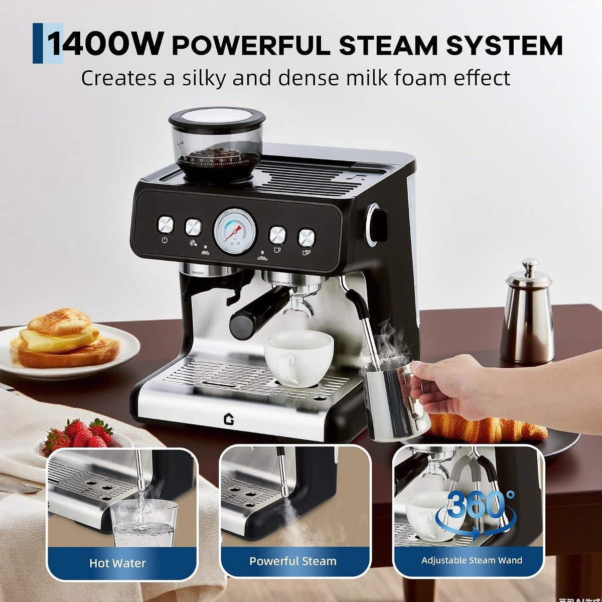 20 Bar Machine with Built-in Grinder, 1400W Steam Frother, 30 Grind