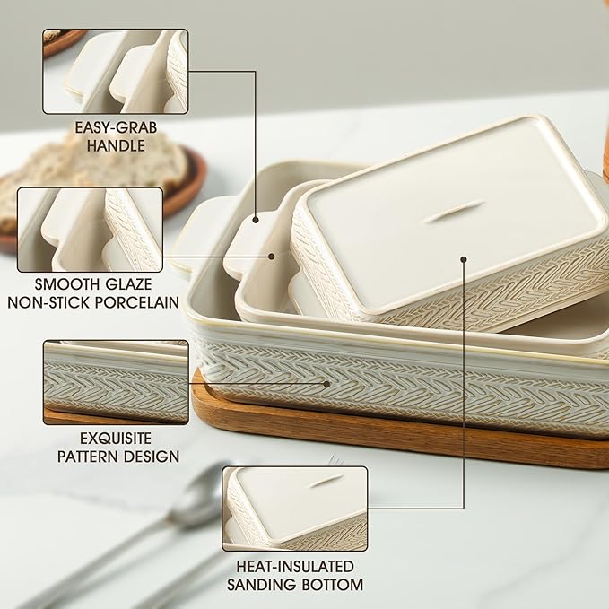 Casserole Dishes for Oven, Ceramic Baking Dishes Set of 3, Rectangular Lasagna - Image 3