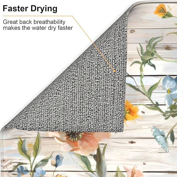 Flowers on Wooden Board Dish Drying Mat 16x18 Inch, Microfiber Absorbent Fast - Image 5