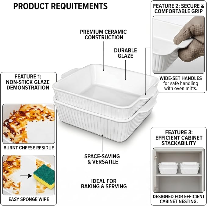 10" Square Ceramic Casserole Dish Set of 2-2.6 Qt Deep Baking Dishes - Image 5