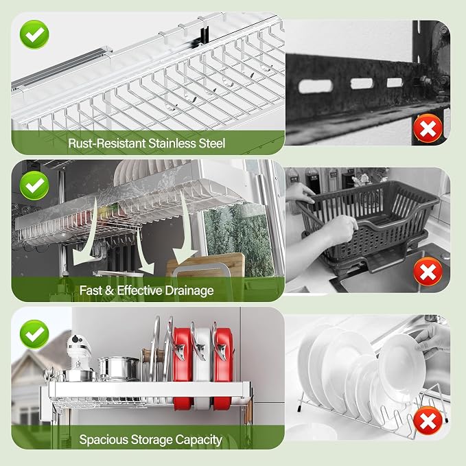 Over The Sink Dish Drainer Drying Rack 3 Tier, Full Stainless Steel Dish Drying - Image 5