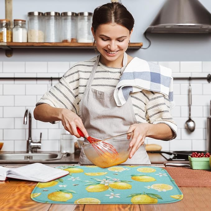 Sanwarm Absorbent Dish Drying Mat, Watercolor Lemons Yellow Fruit Lime - Image 6