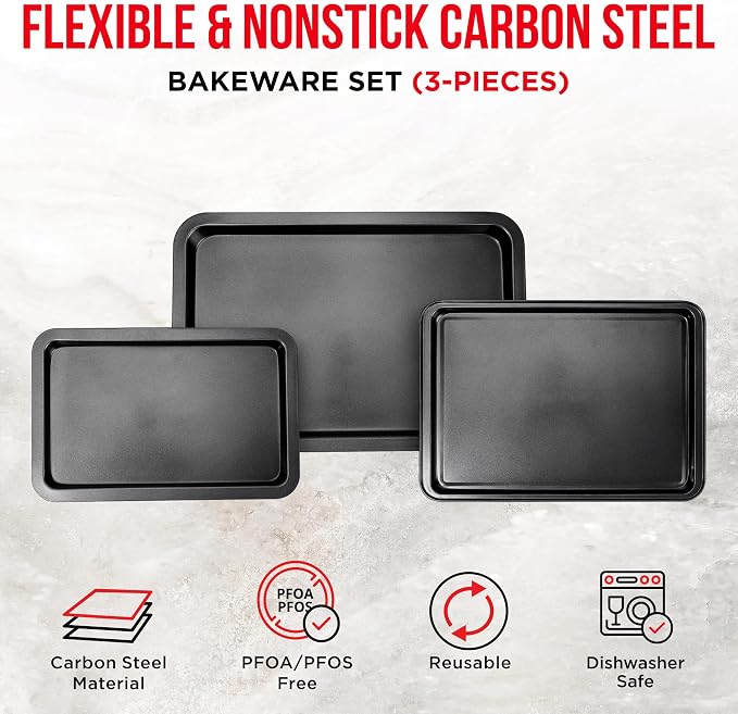 3 Piece Set Nonstick Carbon Steel Oven Bakeware -Professional Quality Kitchen - Image 2