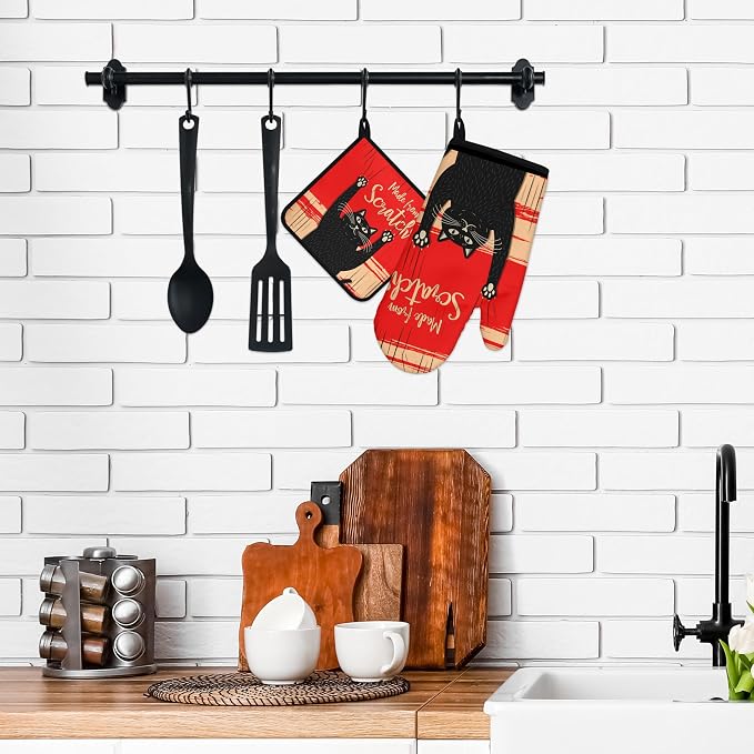 Funny Cat Oven Mitts and Pot Holders Sets Red Black Kitchen Decor Cute Cat - Image 6