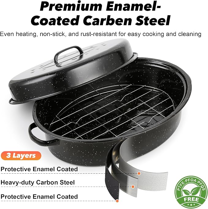 18” Roaster Pan with Lid and Rack, Large Enamel Roaster Pan with Oval Roasting - Image 3