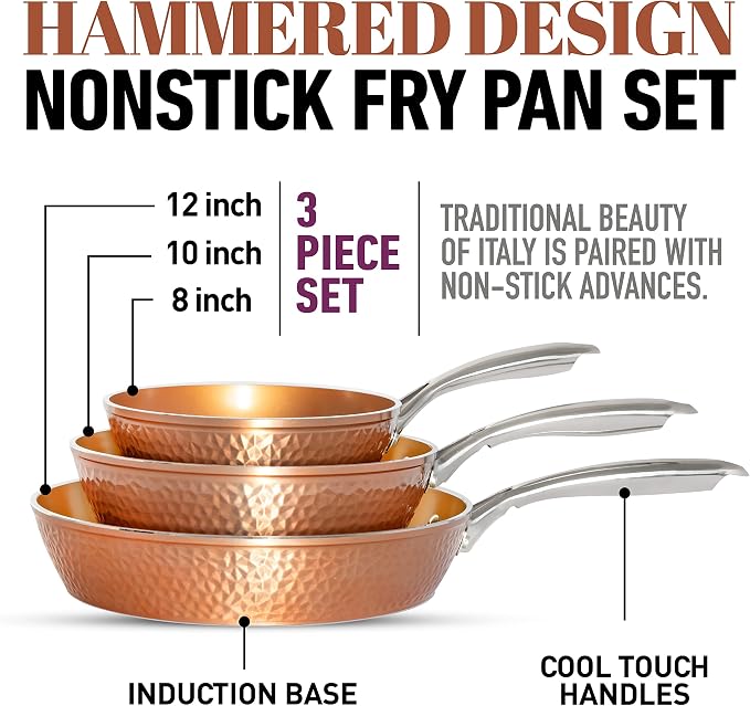 Gotham Steel Hammered Frying Pan Set, 3 Piece Nonstick Copper Fry Pans - Image 5