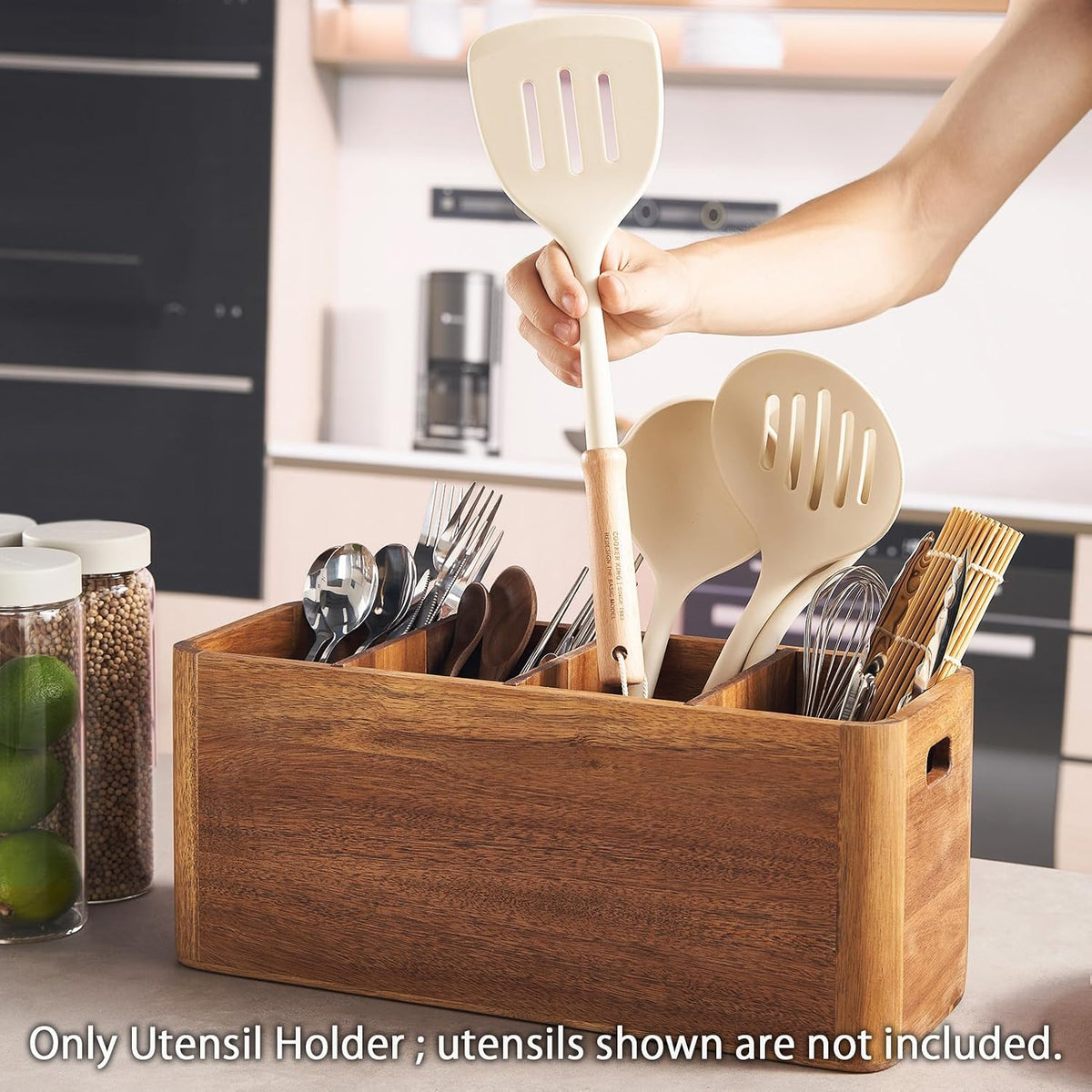 16" Wooden Kitchen Utensil Holder, Extra Large Acacia Wood Organizer