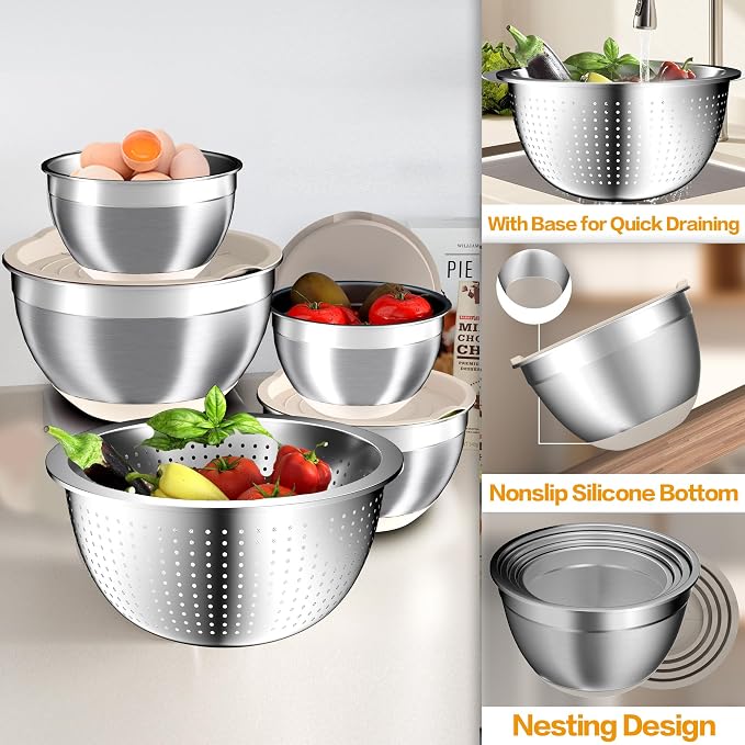 Mixing Bowls with Airtight Lids Set, 4 Stainless Steel Bowls Nesting Bowls & - Image 7