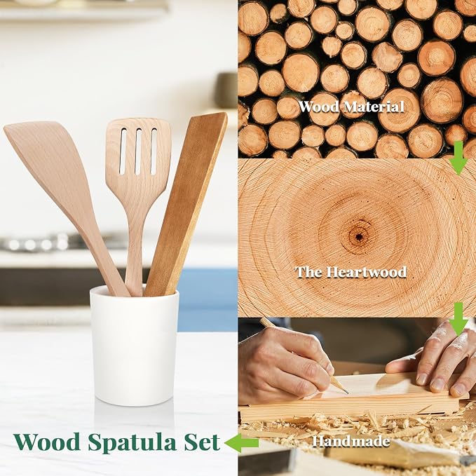 3Pcs Wooden Spatulas, 12inch Long Handle Slotted Turner Spatula Set, Uncoated - Image 5