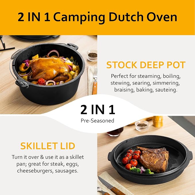 Velaze 10QT Camping Dutch Oven, Pre-Seasoned Cast Iron Camp Dutch Oven Pot - Image 3