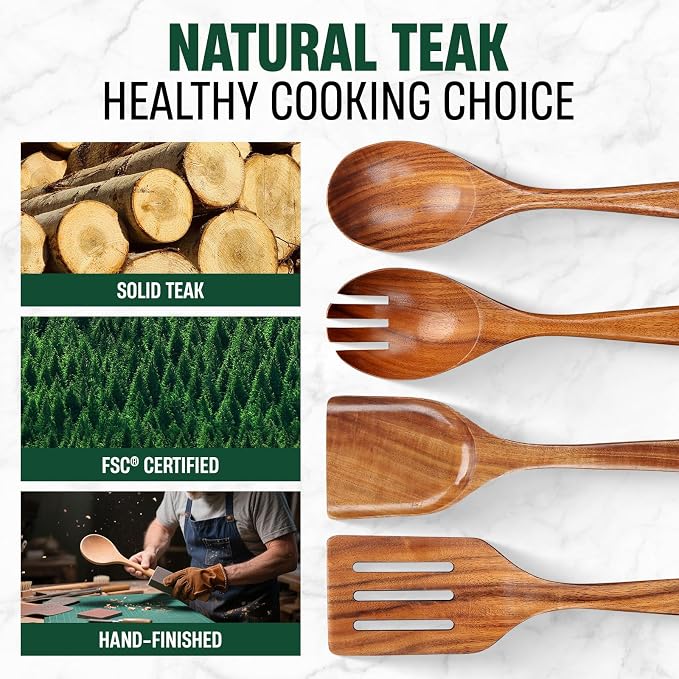 Bkiok Wooden Spoons for Cooking, Natural Teak Wood Kitchen Utensils Set for - Image 2