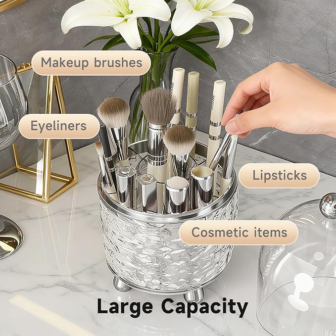 Makeup Brush Holder with Lid, Cosmetic Tools Organizer with Cover, 360° - Image 5