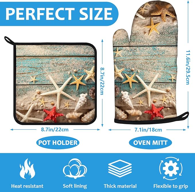 Beach Shells Starfish Oven Mitts and Pot Holders Sets Heat Resistant 4Pcs - Image 2