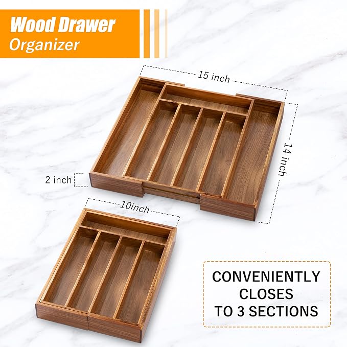 Bellsal Acacia Silverware Organizer Kitchen Drawer Organizer Expandable Bamboo - Image 3