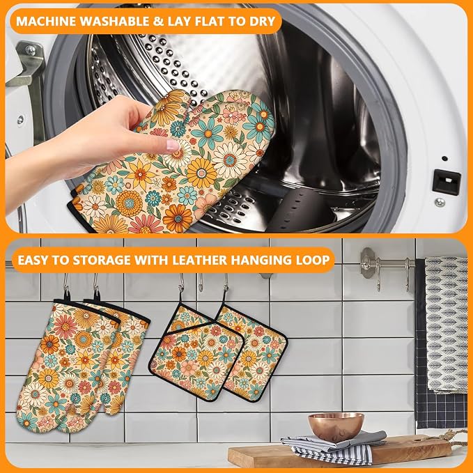 Boho Floral Oven Mitts and Pot Holders Sets 4Pcs, Extra Long Oven Gloves - Image 5