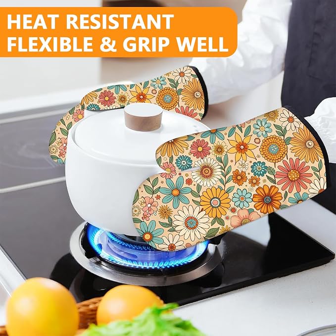 Boho Floral Oven Mitts and Pot Holders Sets 4Pcs, Extra Long Oven Gloves - Image 6