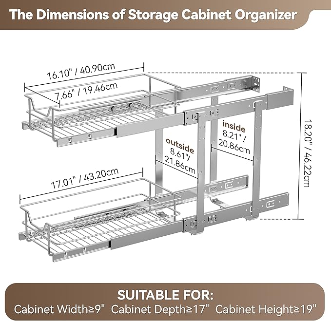 2 Tier Pull Out Cabinet Organizer 9" W X 17" D, Slide Out Drawers - Image 2