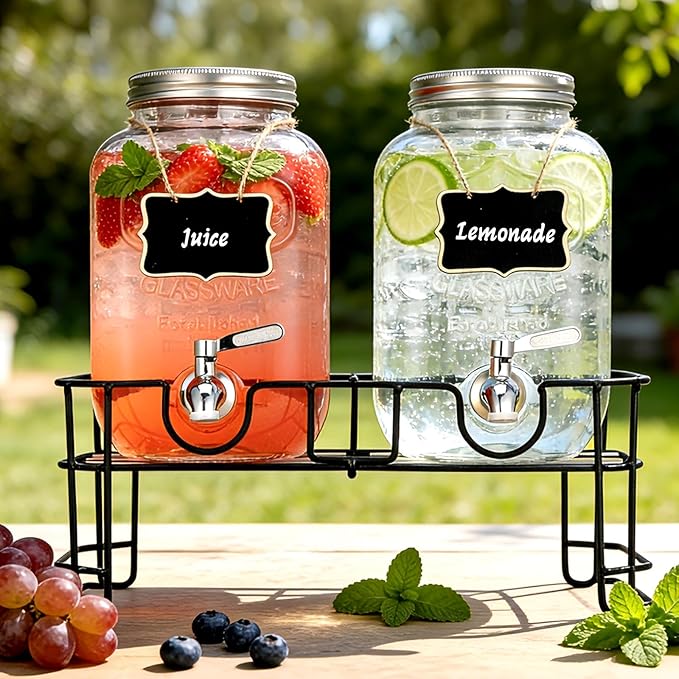 1 Gallon Glass Beverage Dispenser, 2 Pack Glass Drink Dispensers - Image 2
