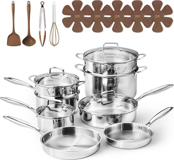 CAROTE 21pcs Tri-Ply Stainless Steel Cookware Set, Pots and Pans Set, Non Toxic by CAROTE