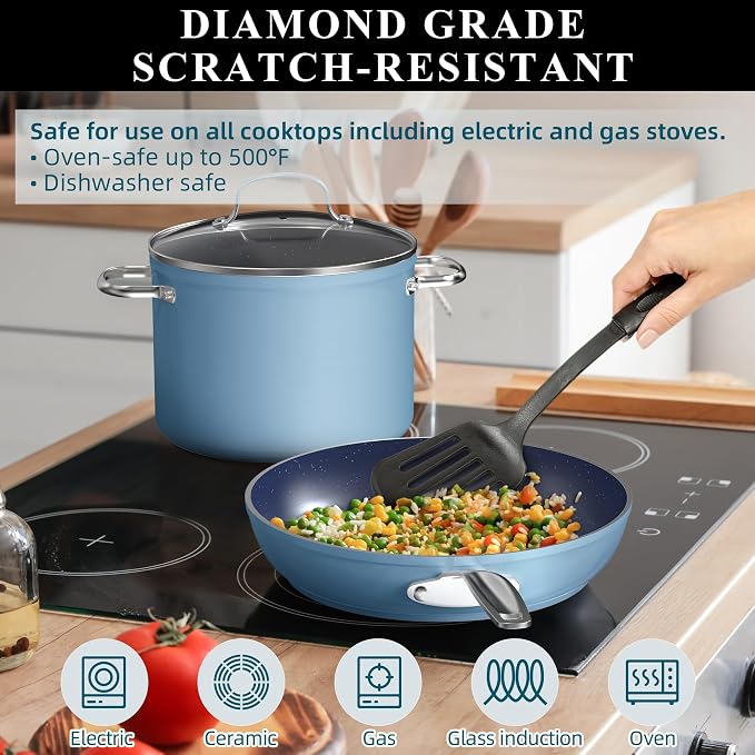 Nuwave 9pc Cookware Set Healthy Duralon Blue Ceramic Nonstick Coated, Diamond - Image 5