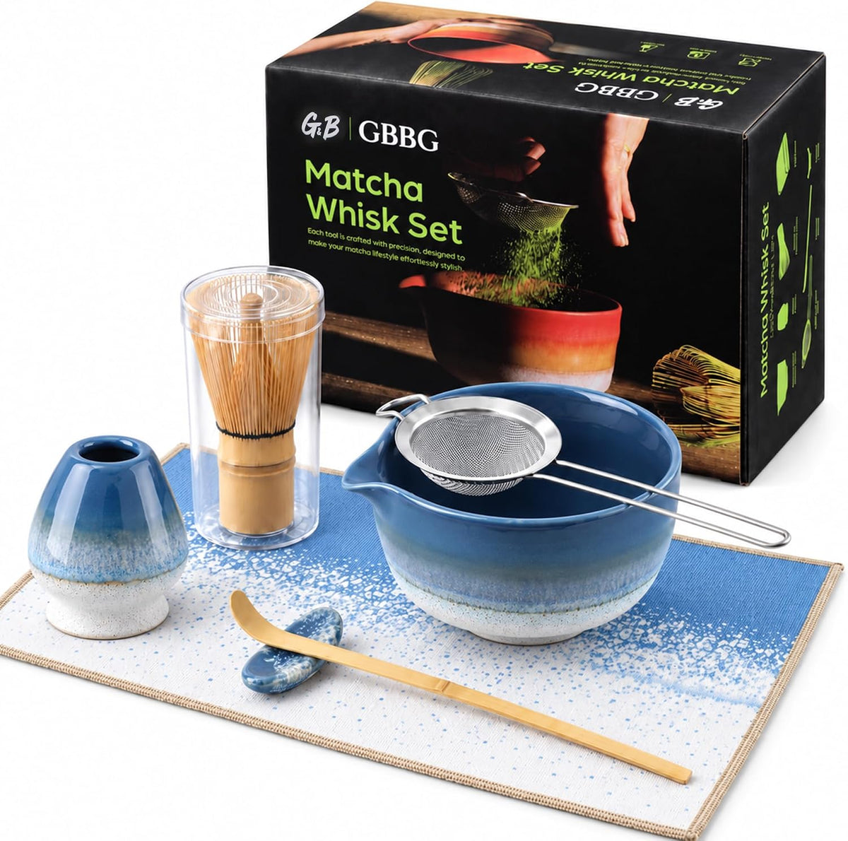 7-Piece Ceramic Matcha Whisk Set, Matcha Kit Set with Bowl &
