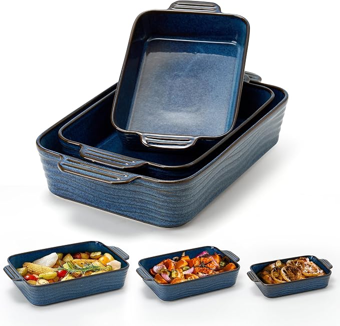 Kiln-Transformed Blue Ceramic Baking Dish Set of 3, Casserole Dishes by Jemirry
