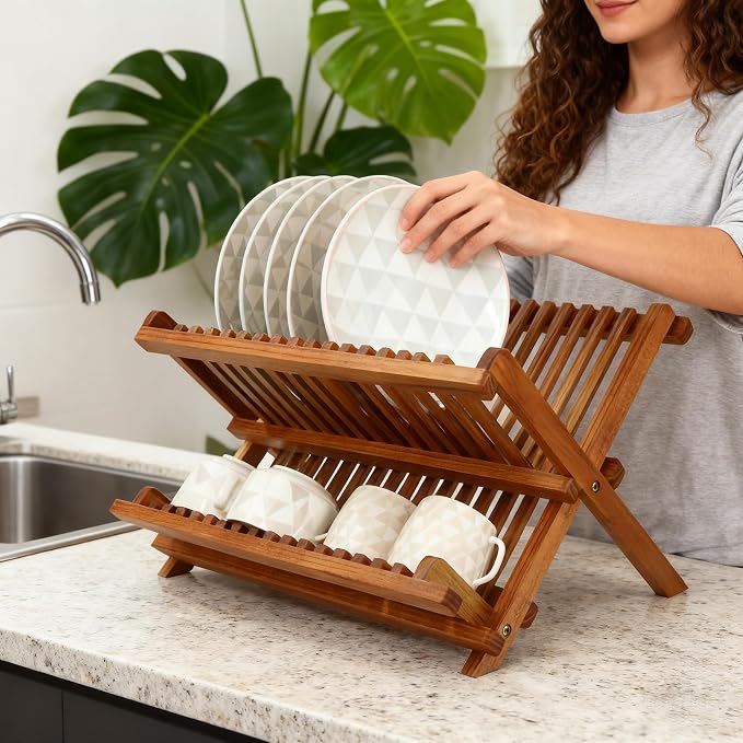 Utoplike Teak Dish Drainer Rack Collapsible 2 Tier Dish Rack Dish Drying Rack - Image 7
