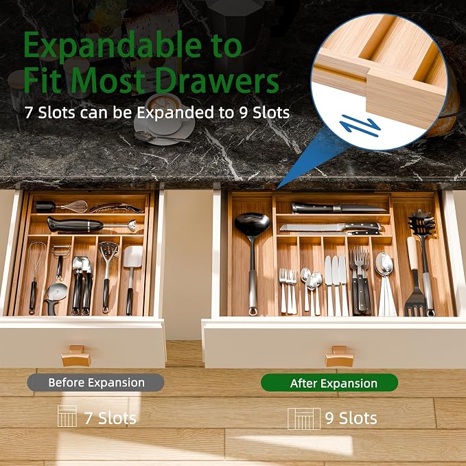 Simple Trending Bamboo Kitchen Drawer Organizer, Expandable Silverware Organizer - Image 7