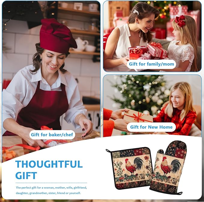 Rustic Rooster Oven Mitts and Pot Holders Sets Heat Resistant 4Pcs Potholders - Image 7