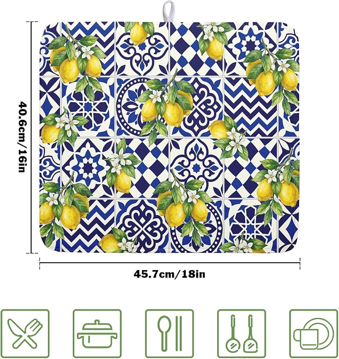 Lemon and Blue Tile Dish Drying Mat 16x18 Inch Absorbent Reversible Mexican - Image 2