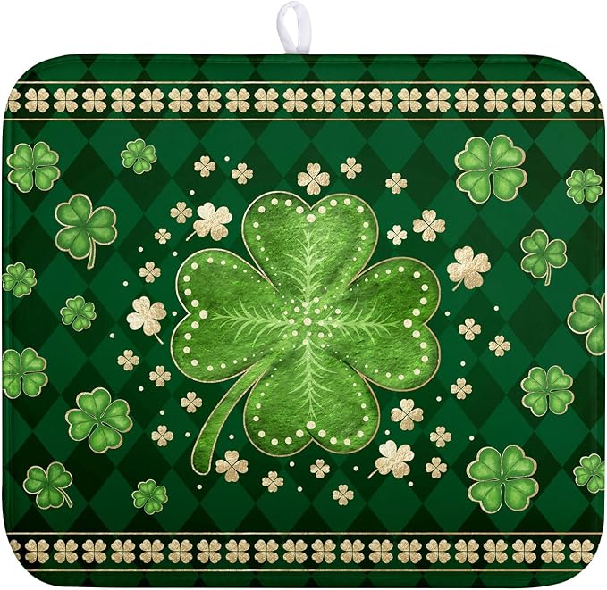 St Patricks Day Drying Mat for Kitchen Counter Shamrock Dish Drying Mats Lucky by Kwlegh