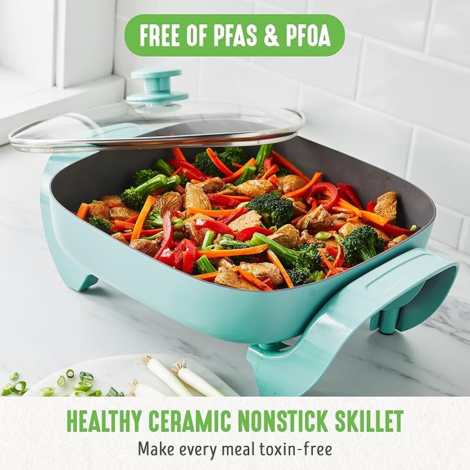 GreenLife 12" 5QT Square Electric Skillet, Glass Vented Lid, Ceramic PFAS-Free - Image 2
