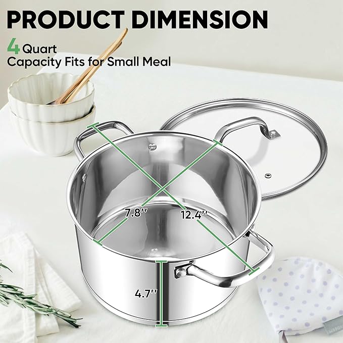 TeamFar Stainless Steel Stock Pot, 4-quart Tri-ply Base Stockpot Cooking Pasta - Image 2