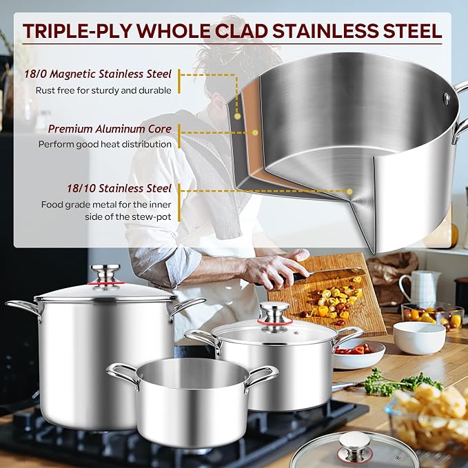 E-far 8 Quart Stock Pot with Lid, 18/10 Tri-ply Stainless Steel Stockpot - Image 3