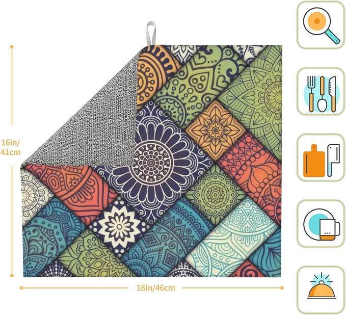 Retro Boho Dish Drying Mat 16x18 Inch, Microfiber Absorbent Fast Dry Mat - Image 2