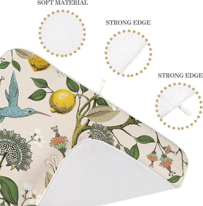 Boho Dish Drying Mat 18x24 Inch Vintage Lemon Floral Blue Bird Drying Mat - Image 3