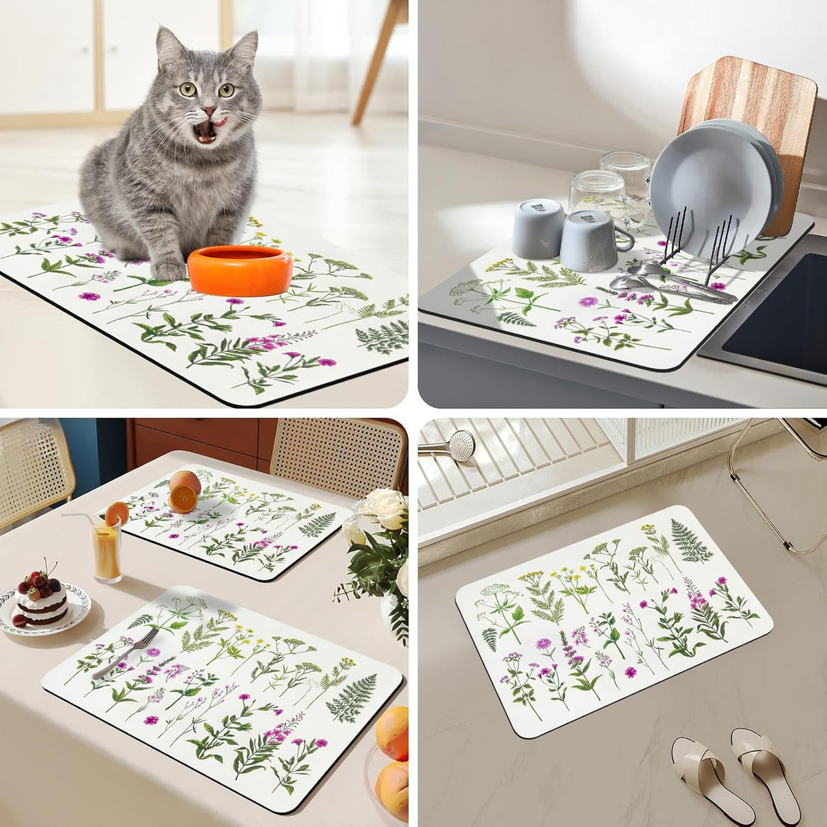 Dish Drying Mat, Spring Flower Printed Coffee Bar Mat, Kitchen Counter