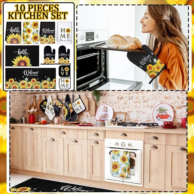 Fourluoo 10 Pcs Sunflower Kitchen Dish Towels Rugs Oven Mitts and Pot Holders - Image 2