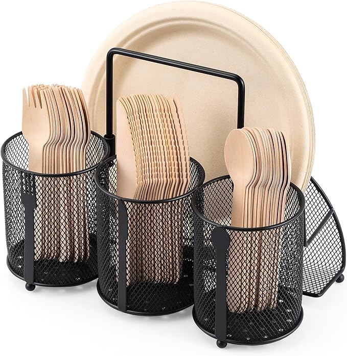 Metal Utensil Caddy Silverware Holder, Paper Plate Holder Cutlery Container by ZZDWLDHA