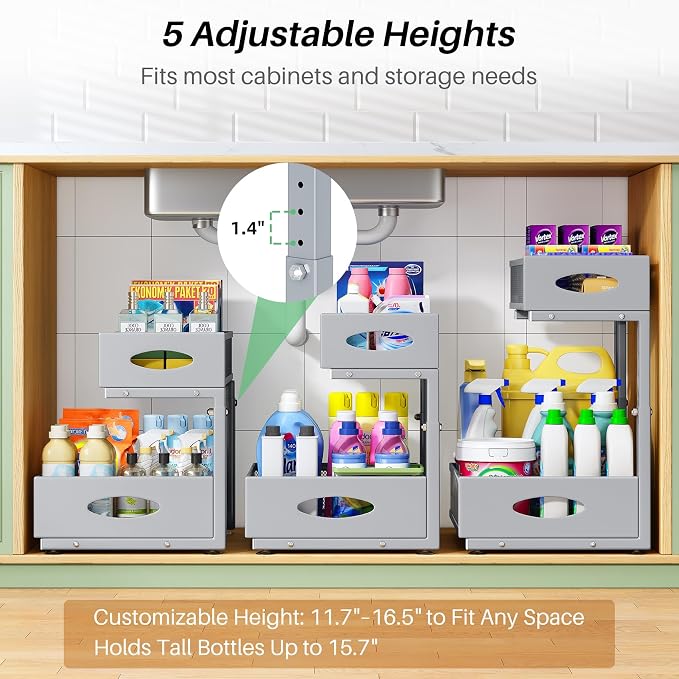 Under Sink Organizer, L-Shaped Adjustable Height, Mesh Sliding Drawer - Image 5