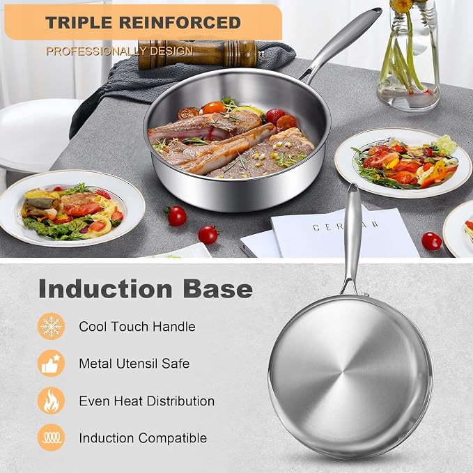 EWFEN Tri-Ply Stainless Steel Frying Pan 3QT, 10 Inch Deep Frying Pan - Image 4