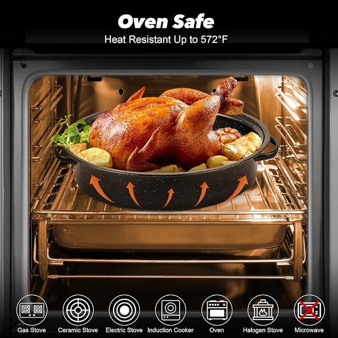 18” Roaster Pan with Lid and Rack, Large Enamel Roaster Pan with Oval Roasting - Image 4