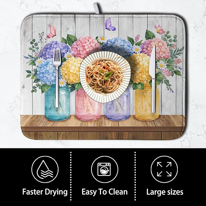 Hydrangea Dish Drying Mat for Kitchen Counter Spring Summer Floral Vases dish - Image 4