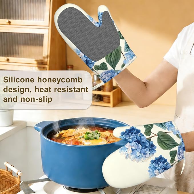 Blue Hydrangea Flower Spring Oven Mitts and Pot Holders Set of 4, Heat - Image 4