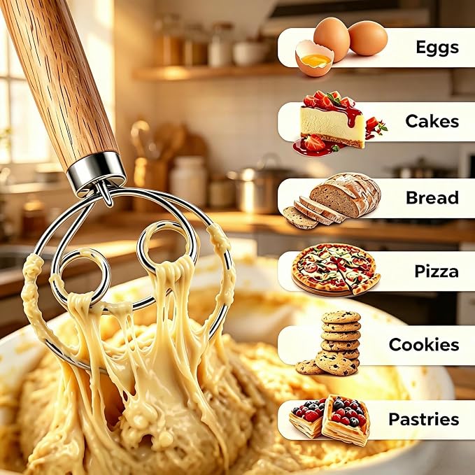 Maxjoy Danish Dough Whisk Stainless Steel Wooden Handle - Image 2