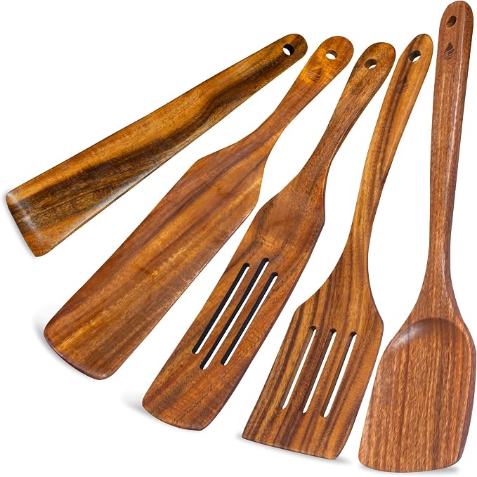 5 PCS Wooden Spatula for Cooking, Natural Teak Wooden Utensil Set, Non-Toxic by Vorisebo