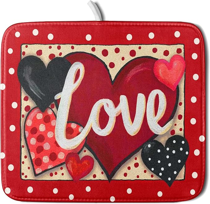 Love Heart Dish Drying Mat 16"x18" Red Dots Microfiber Dish Rack Mat Holiday by Giwawa