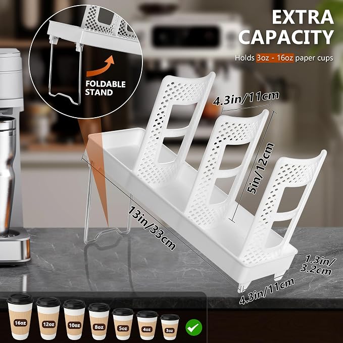 Paper Cup and Lid Holder, Disposable Coffee Cup Dispenser, 3-Slot Upright Paper - Image 2