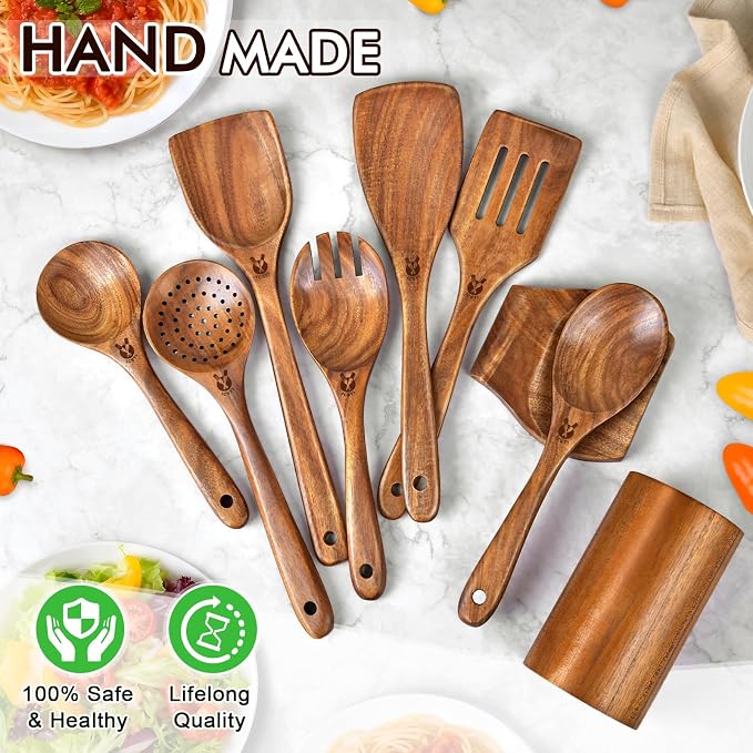Wooden Spoons for Cooking, Comfortable Grip Wooden Cooking Utensils Set - Image 8